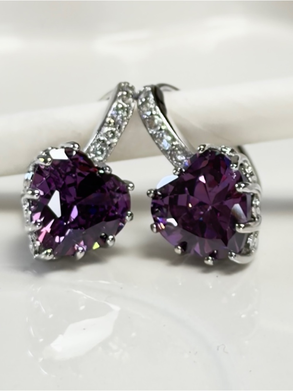 925 Sterling Silver Heart Drop Earrings with Purple Gemstones